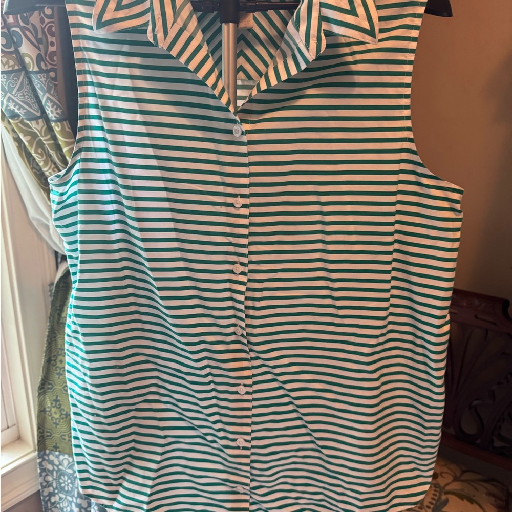 Chico's Sleeveless Green and White Striped Blouse